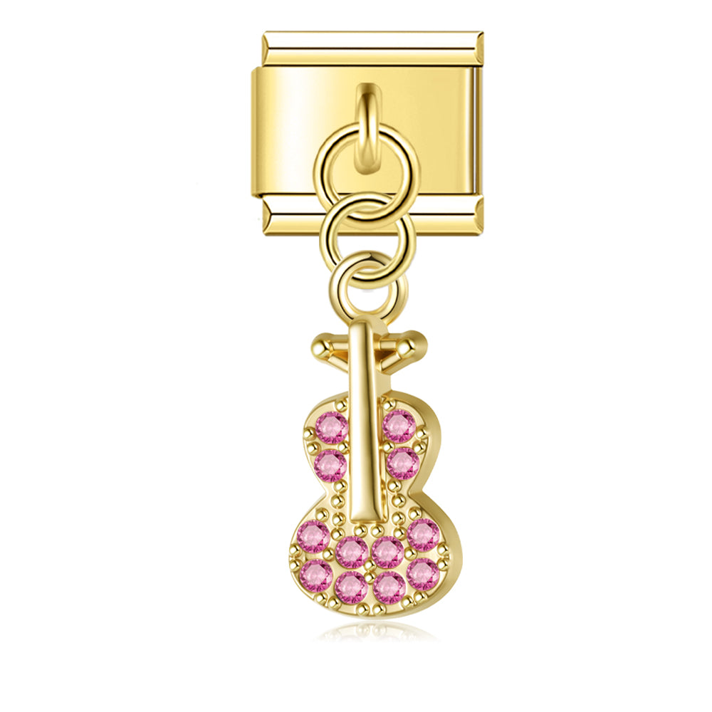 Guitar with Pink CZ - Gold Pendant Charm