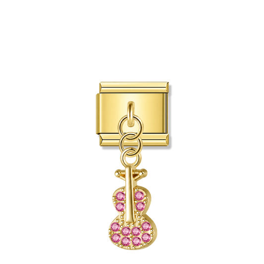 Guitar with Pink CZ – gold Italian pendant charm by Italycharm