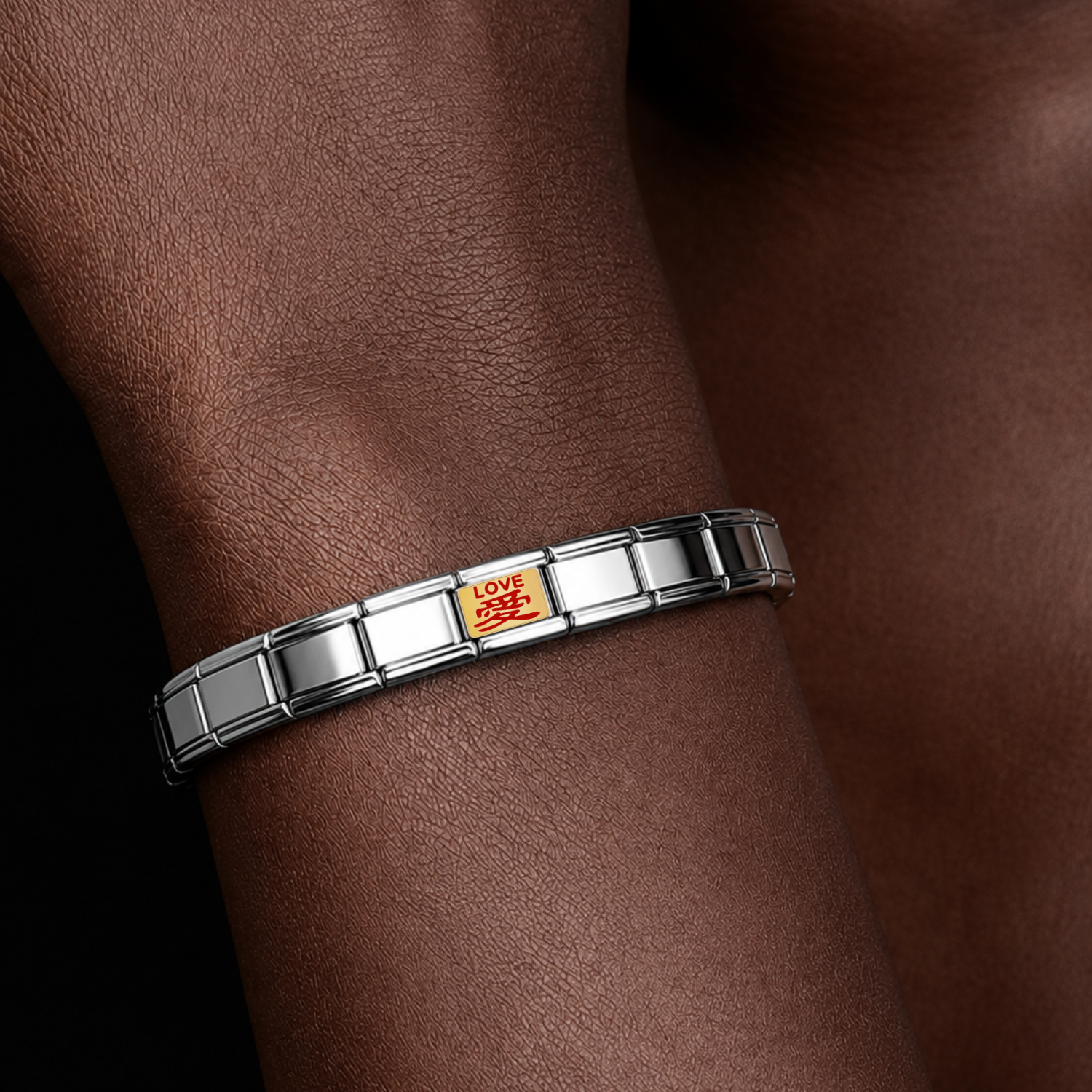 LOVE – silver Italian charm worn on an Italian charm bracelet