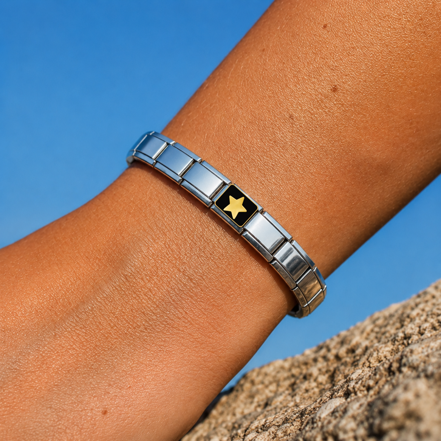 Midnight Star – silver Italian charm worn on an Italian charm bracelet