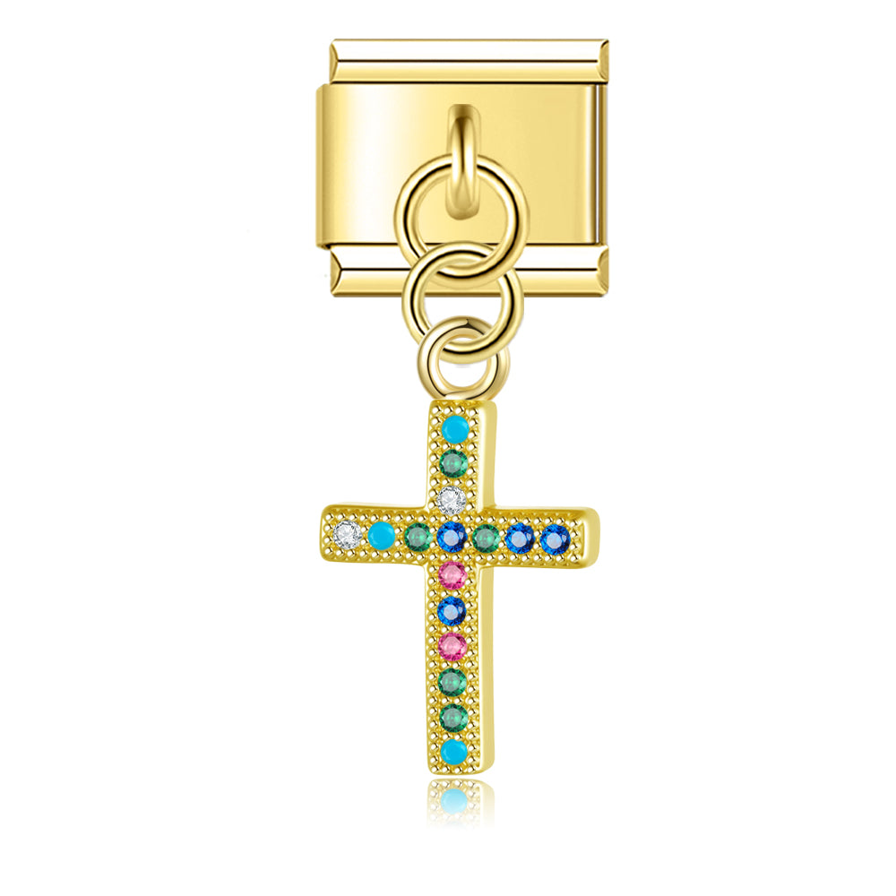 Multicolor CZ Cross – Gold Italian Pendant Charm