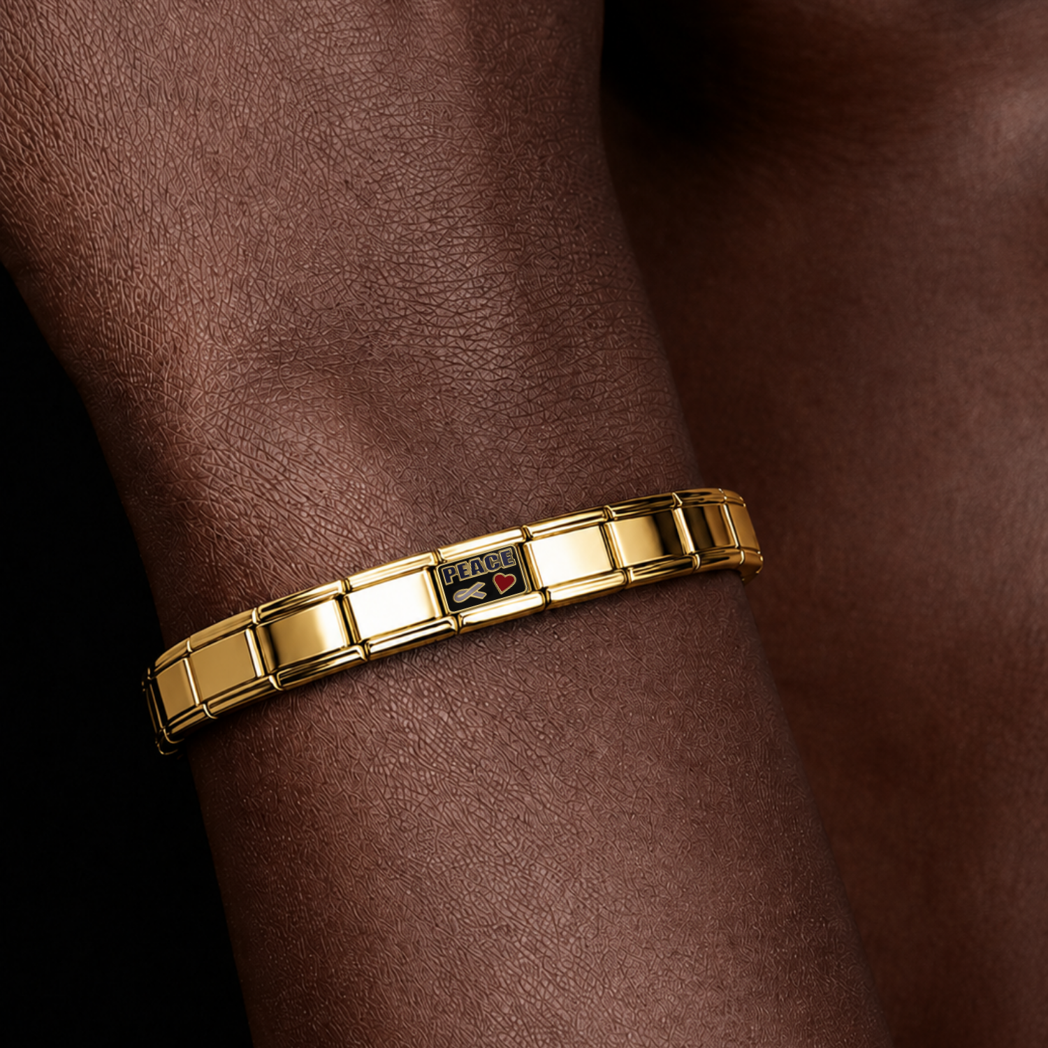 PEACE – gold Italian charm worn on an Italian charm bracelet