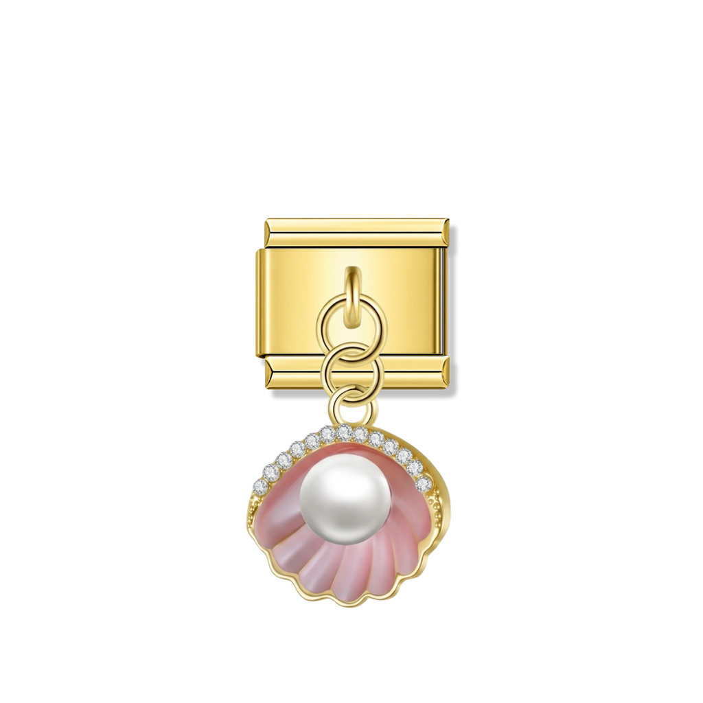 Pink Shell with CZ & Resin Pearl – Gold Italian Pendant Charm