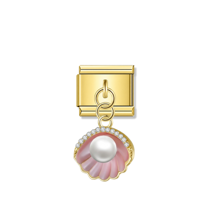 Pink Shell with CZ & Resin Pearl – Gold Italian Pendant Charm – Italian charm by Italycharm