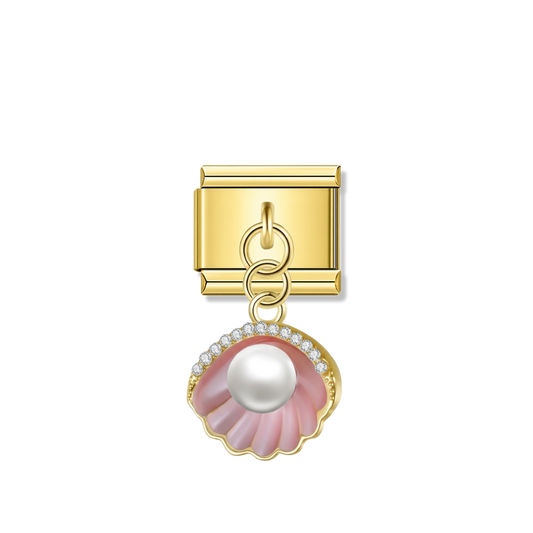 Pink Shell with CZ & Resin Pearl – Gold Italian Pendant Charm