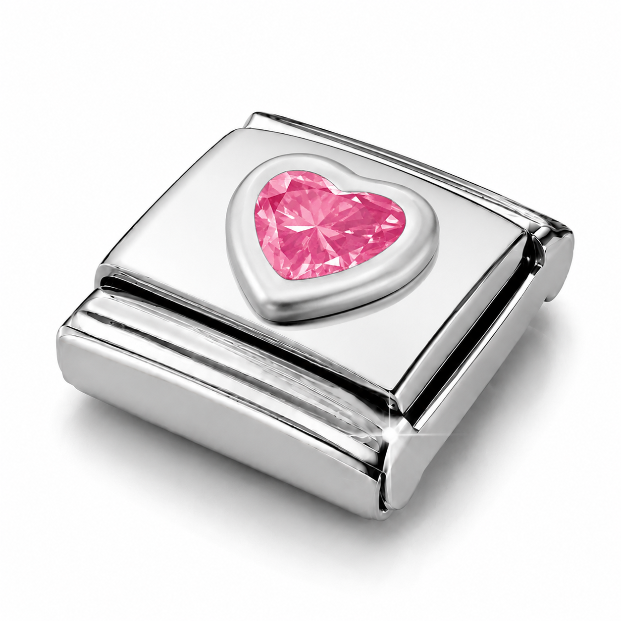 Pink Shiny Romantic Heart – silver Italian charm close-up view