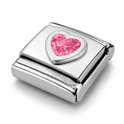 Pink Shiny Romantic Heart – silver Italian charm close-up view