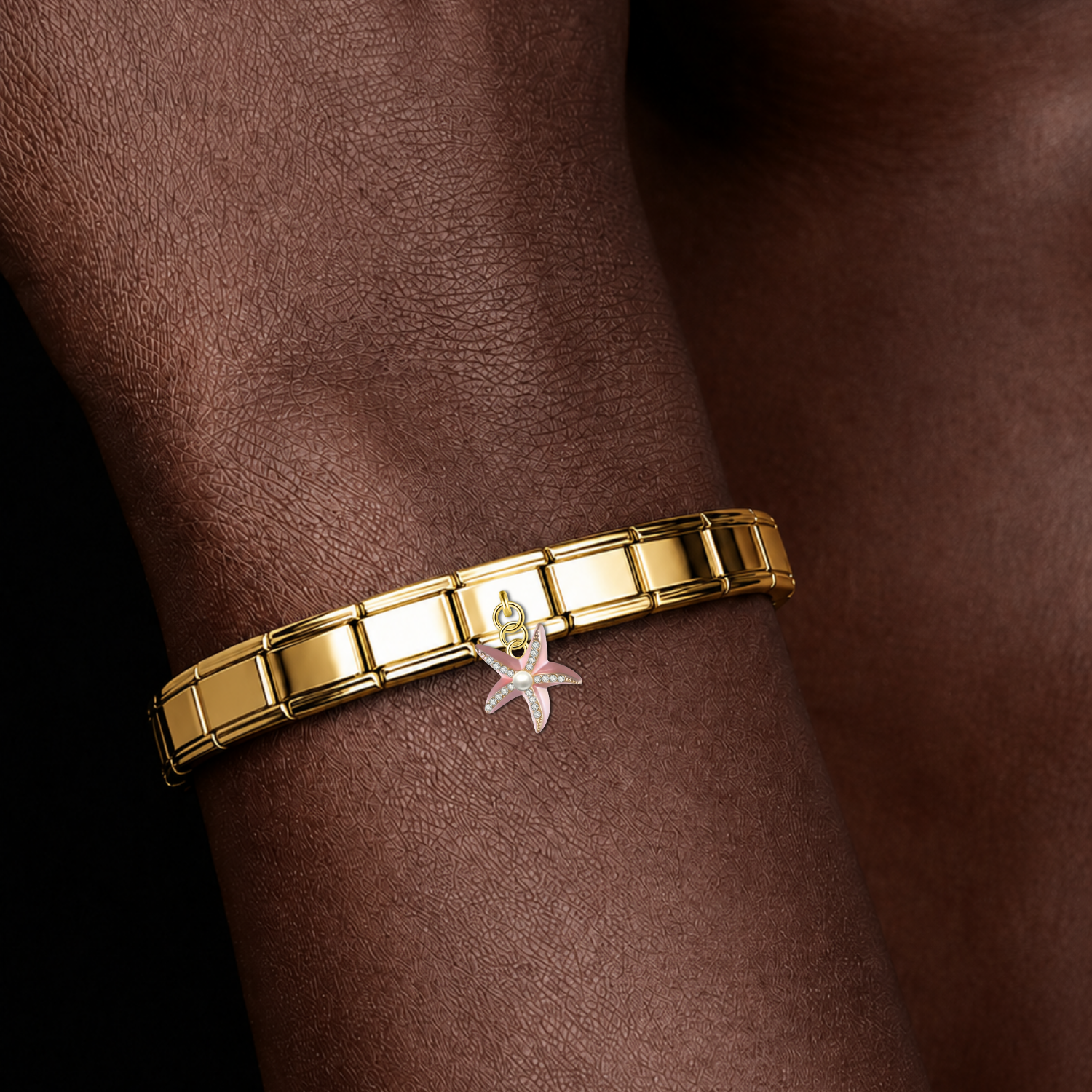Pink Starfish with CZ & Resin Pearl – Gold Italian Pendant Charm