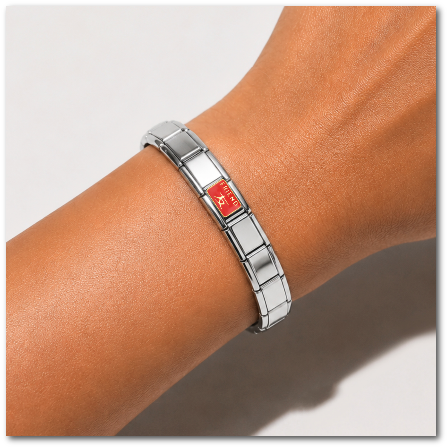 RED FRIEND – silver Italian charm worn on an Italian charm bracelet