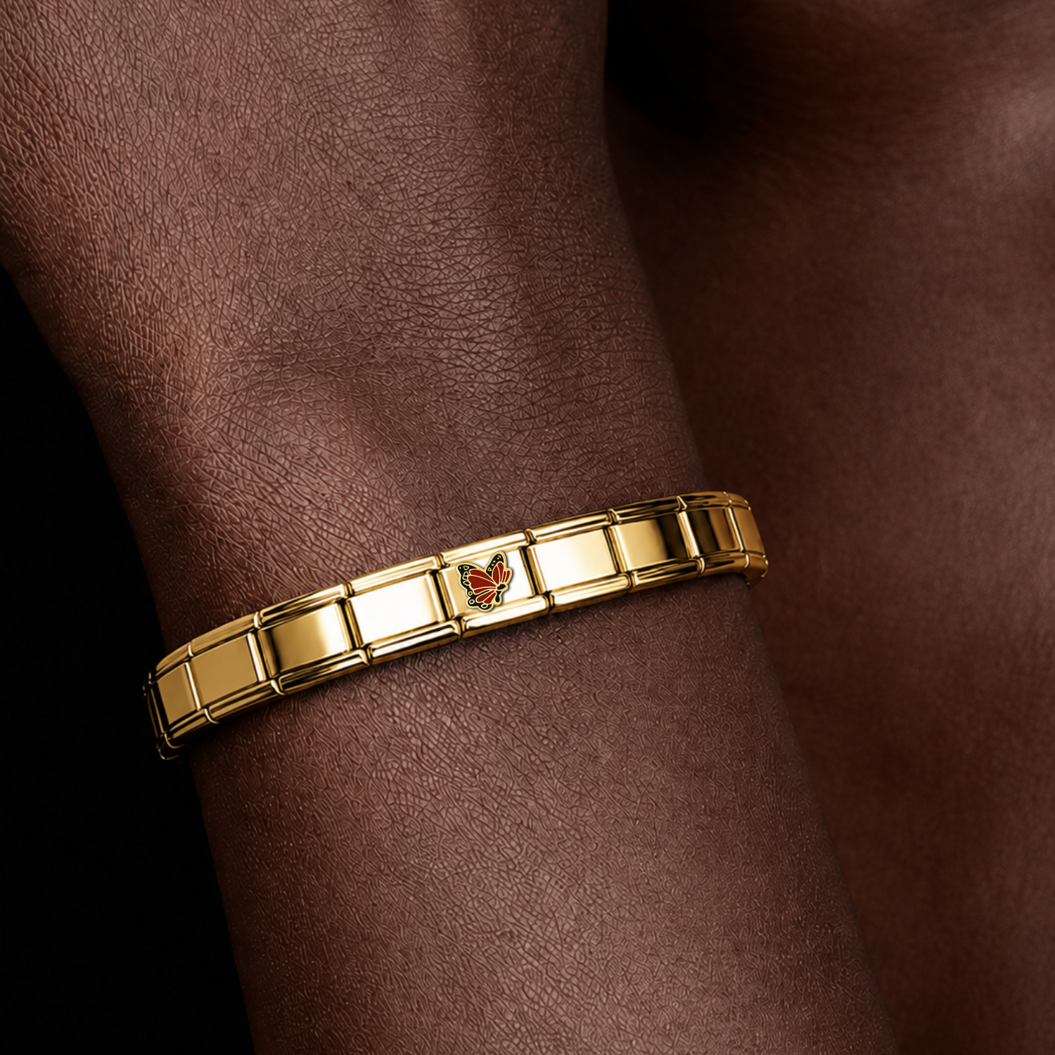 Red Butterfly – gold Italian charm worn on an Italian charm bracelet