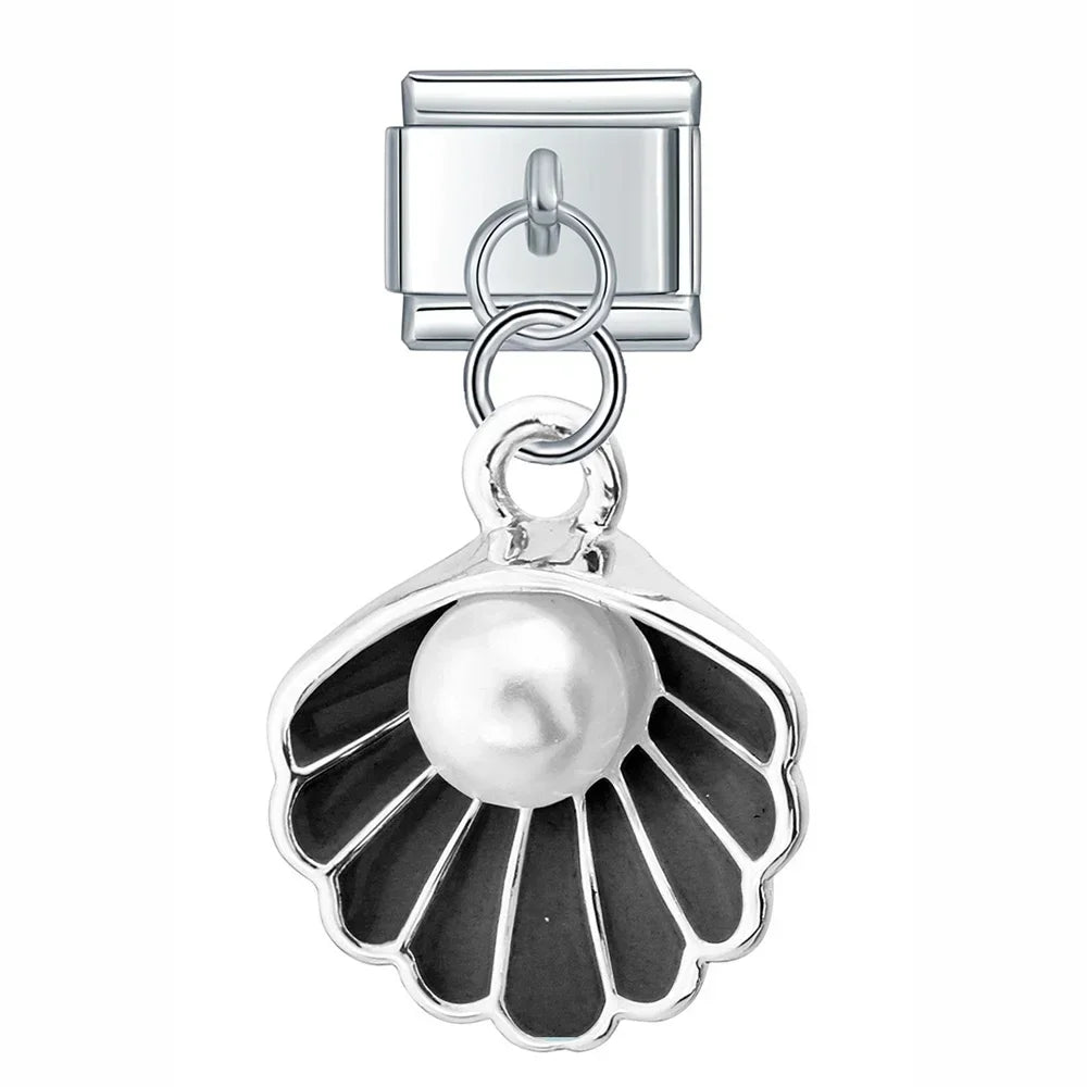 Black Shell with Resin Pearl – Silver Italian Pendant Charm - Charmris