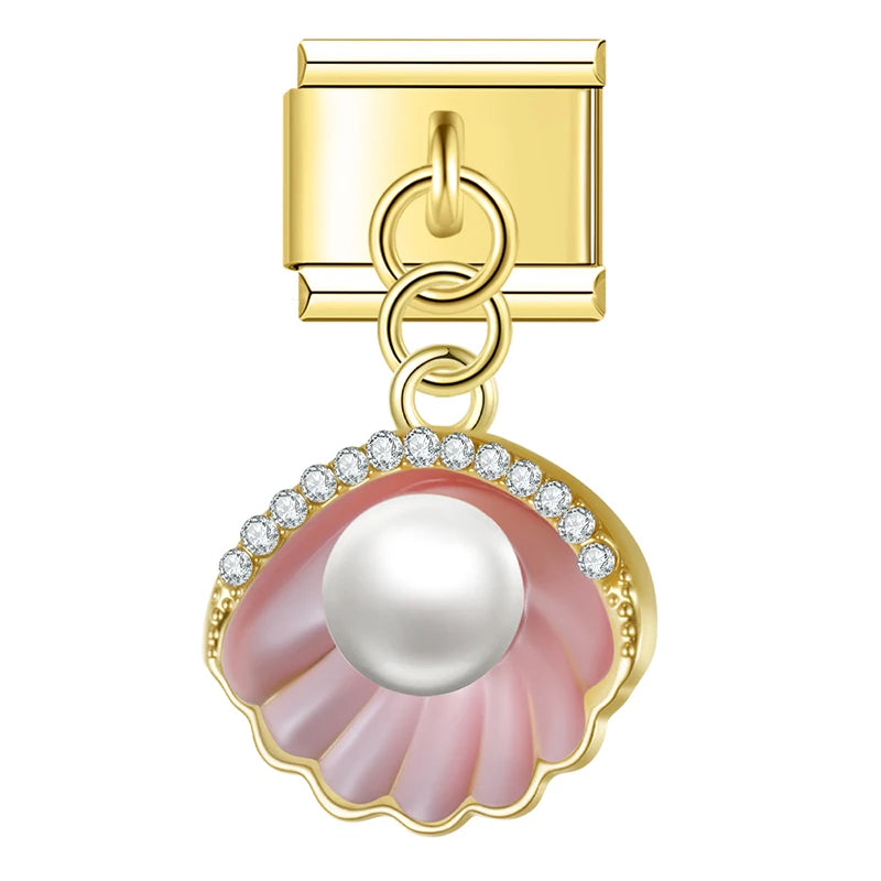 Pink Shell with CZ & Resin Pearl – Gold Italian Pendant Charm - Charmris