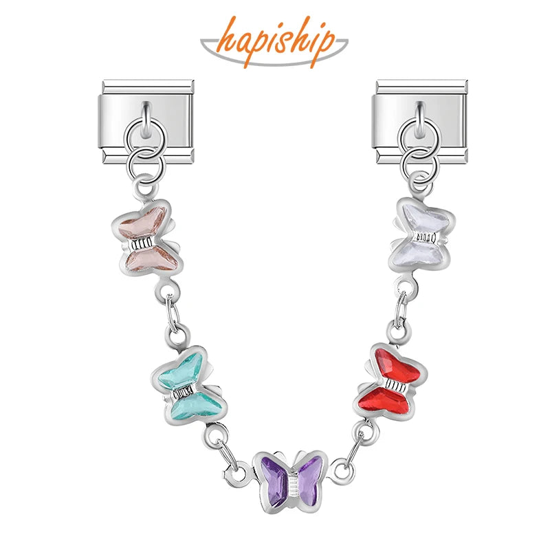 Crystal Vibrant Butterflies Chain Silver Charm - Charmris