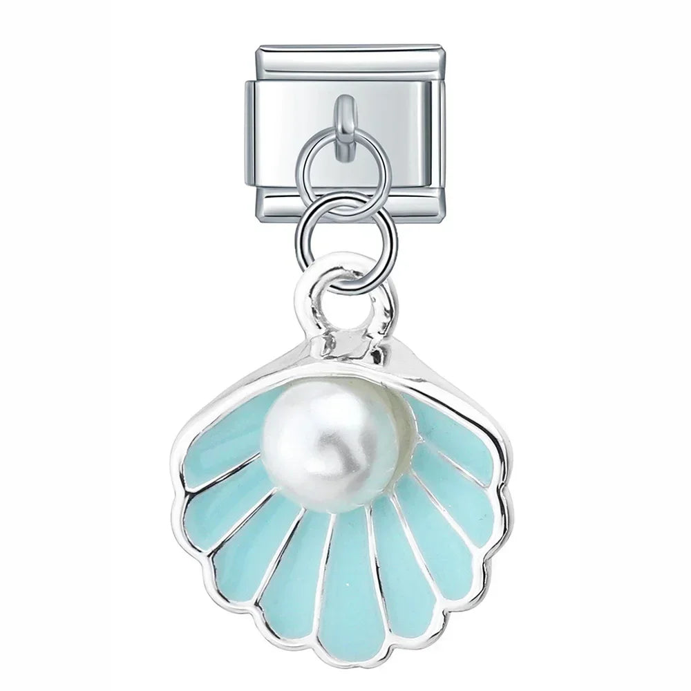 Blue Shell with Resin Pearl – Silver Italian Pendant Charm - Charmris