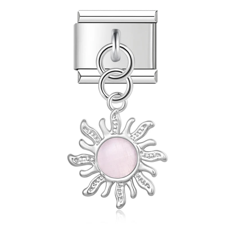 Silver Sun with Baby Pink Resin Gem - Silver Pendant Charm - Charmris