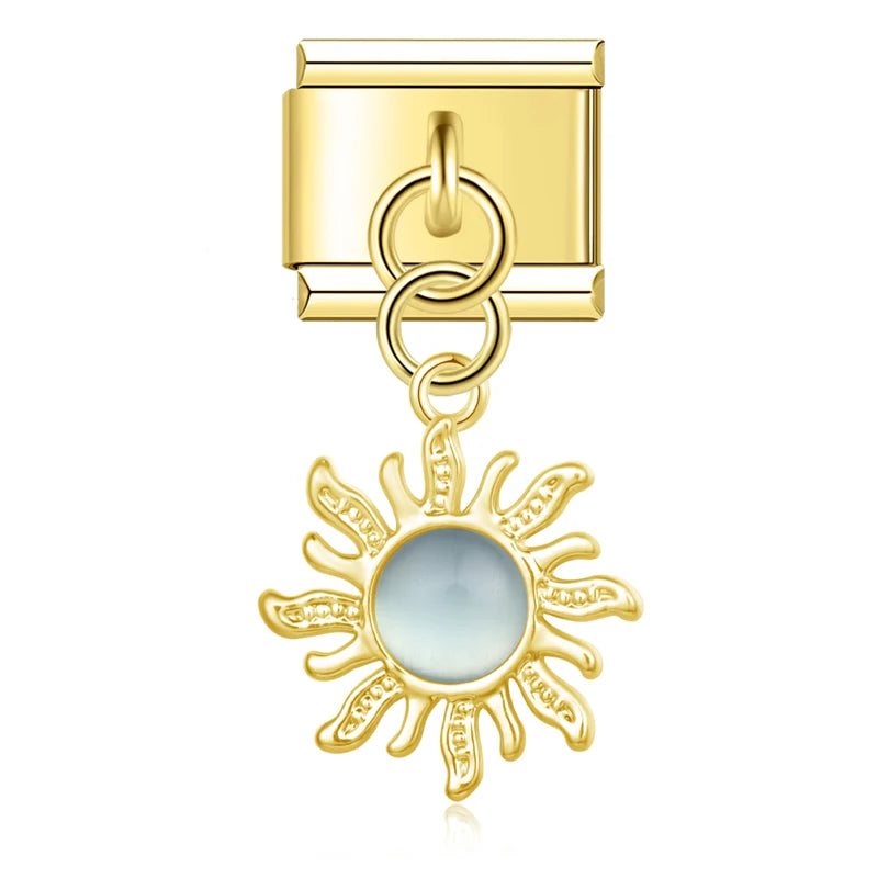 Golden Sun with Sky Blue Resin Gem - Gold Pendant Charm - Charmris