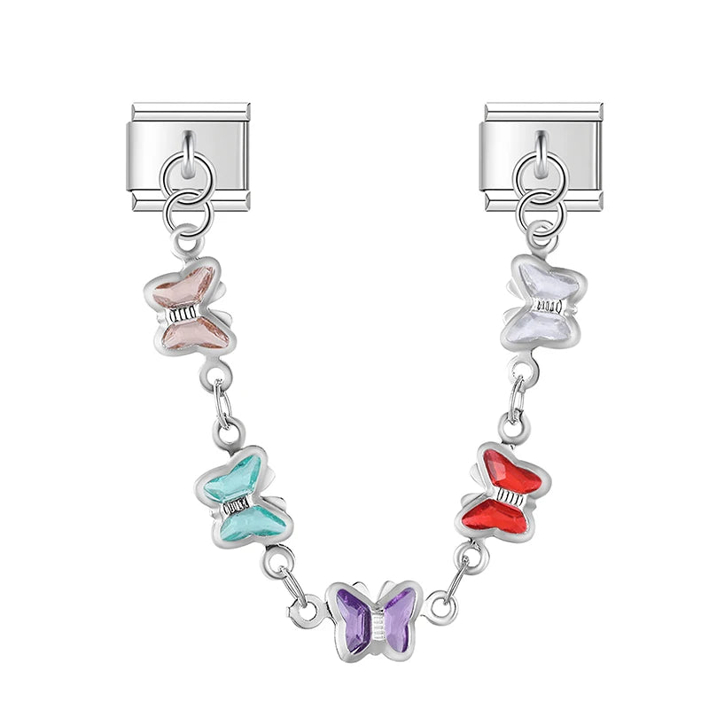 Crystal Vibrant Butterflies Chain Silver Charm - Charmris