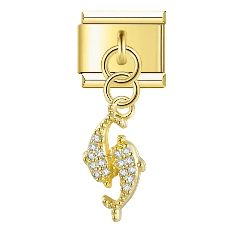 Twin Dolphins with CZ - Gold Pendant Charm - Charmris