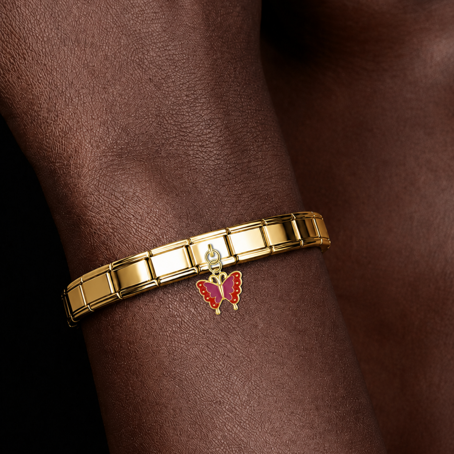 Scarlet Butterfly Dream – gold Italian pendant charm worn on an Italian charm bracelet