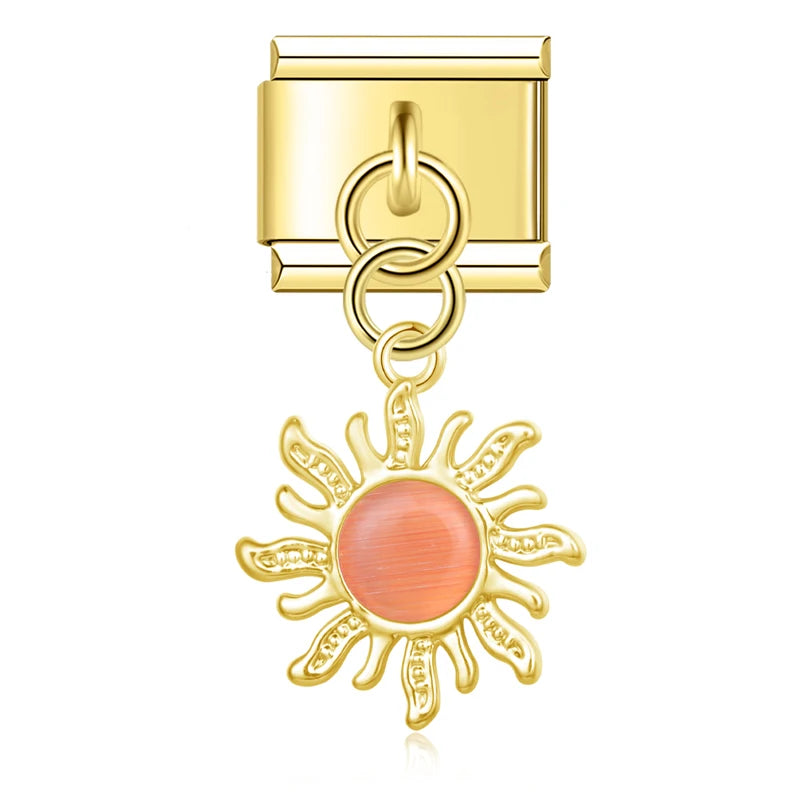 Golden Sun with Peach Resin Gem - Gold Pendant Charm - Charmris