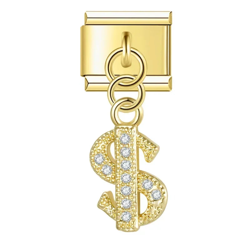 Sparkling Dollar with CZ - Gold Pendant Charm - Charmris