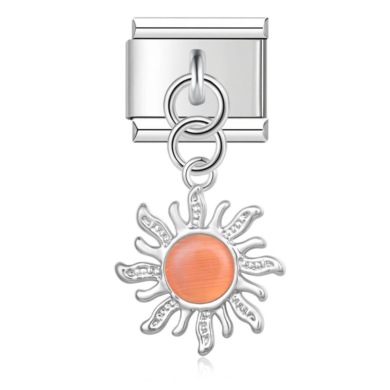 Silver Sun with Peach Resin Gem - Silver Pendant Charm - Charmris