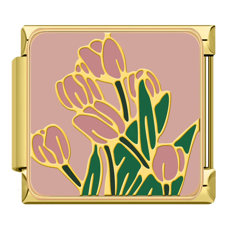 Pink Garden Tulips - Gold Charm - Charmris