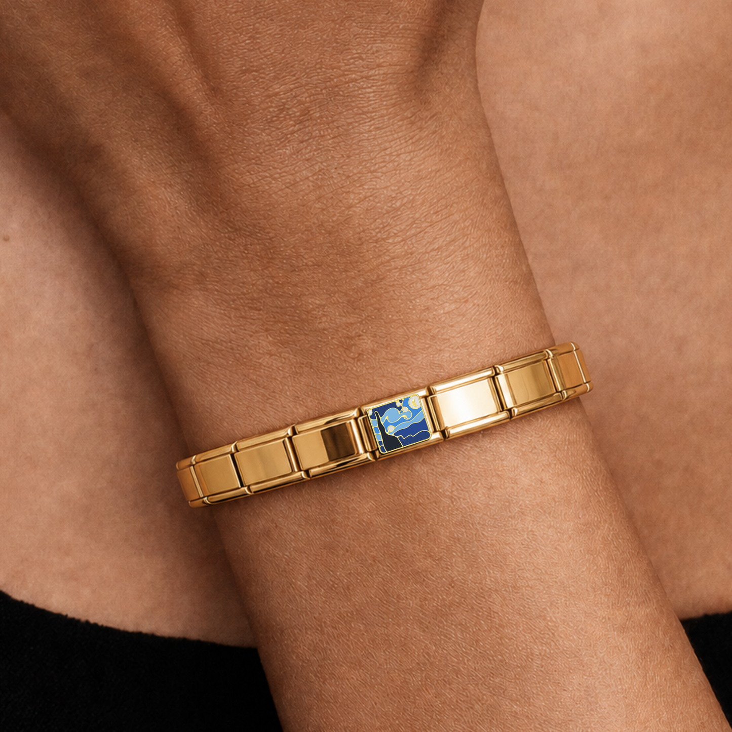 Starry Night – gold Italian charm worn on an Italian charm bracelet