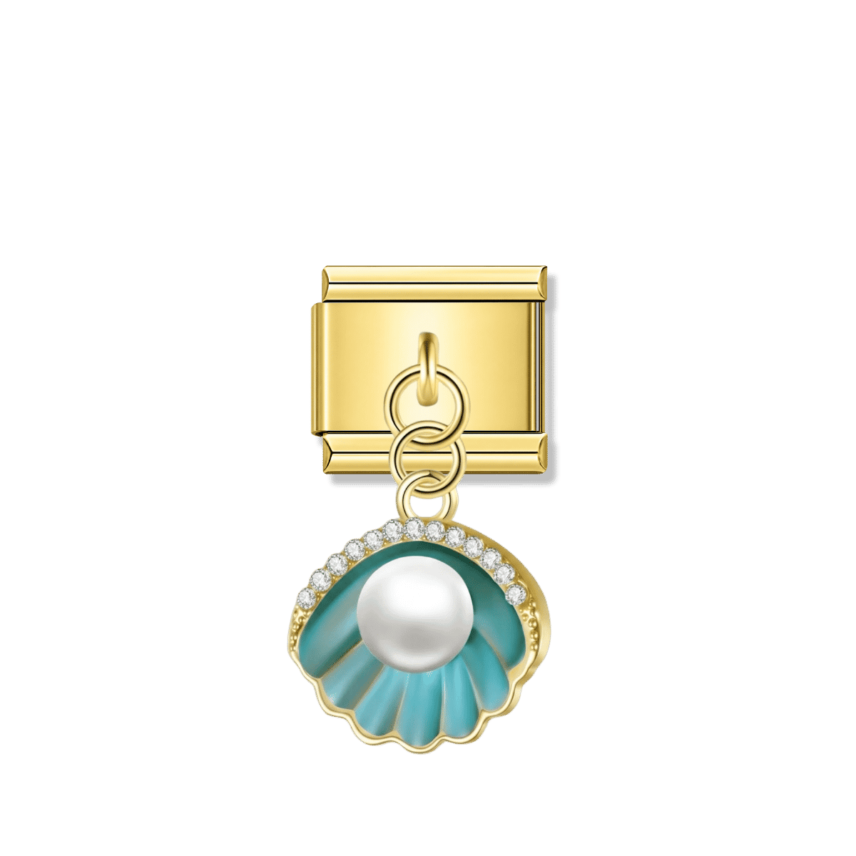 Teal Shell with CZ & Resin Pearl – Gold Italian Pendant Charm