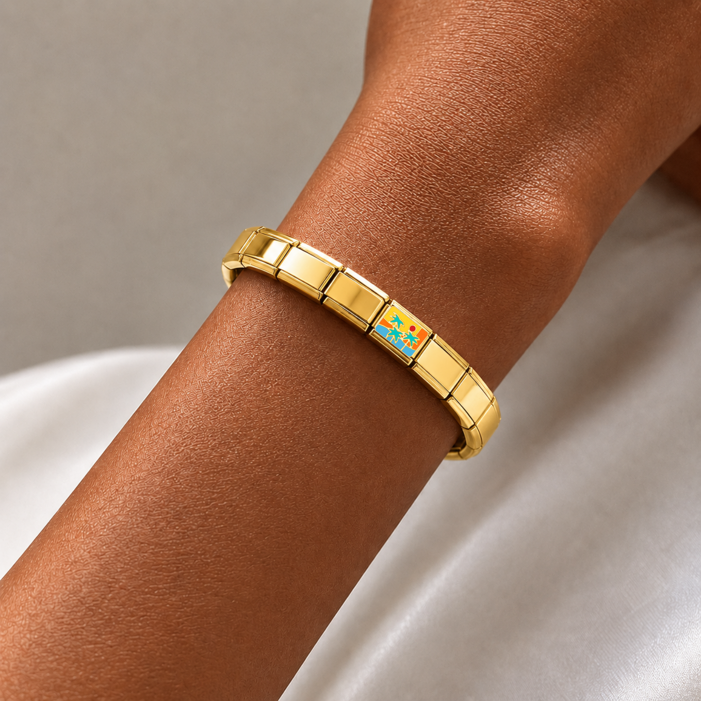 Tropical Twilight – gold Italian charm worn on an Italian charm bracelet