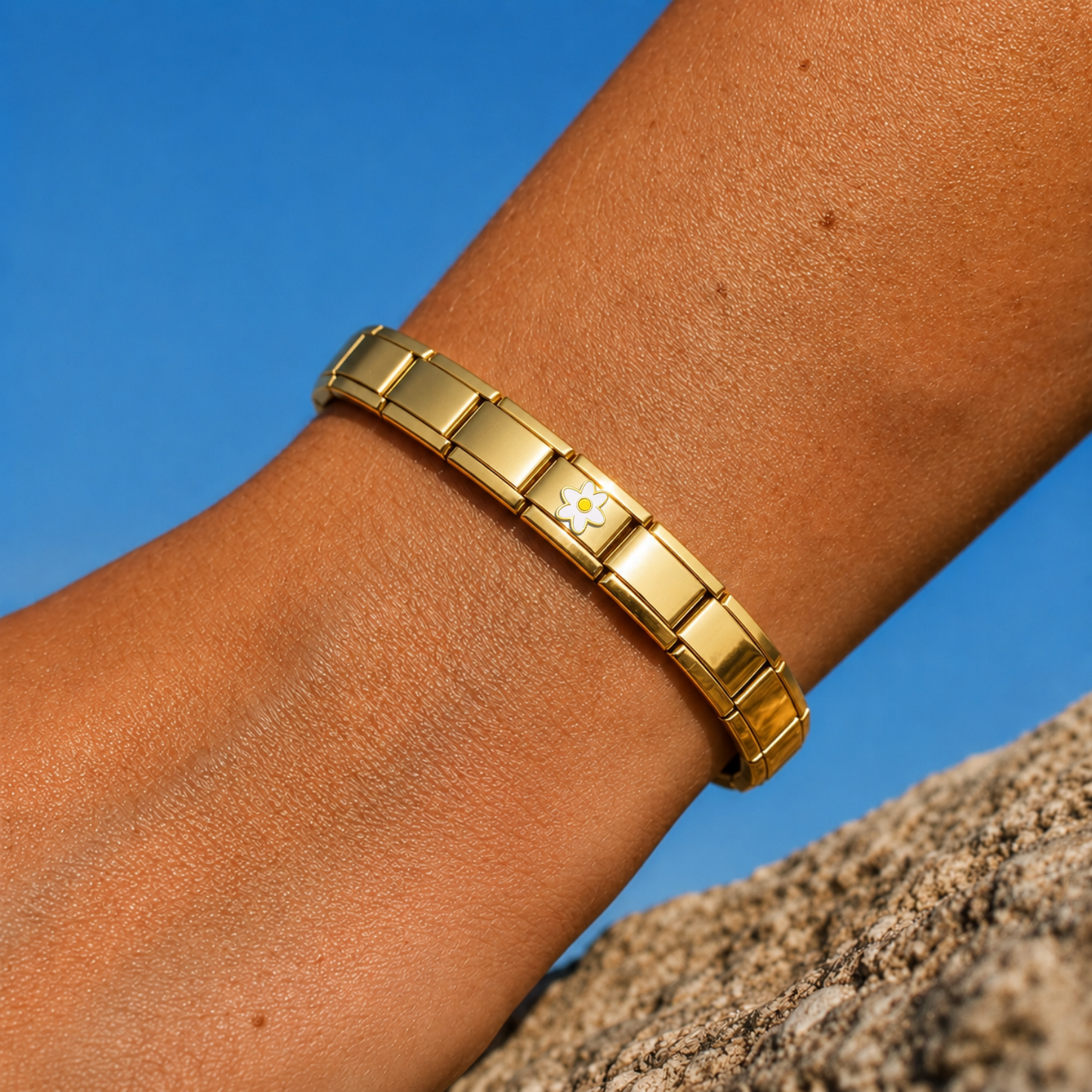 White Flower – gold Italian charm worn on an Italian charm bracelet