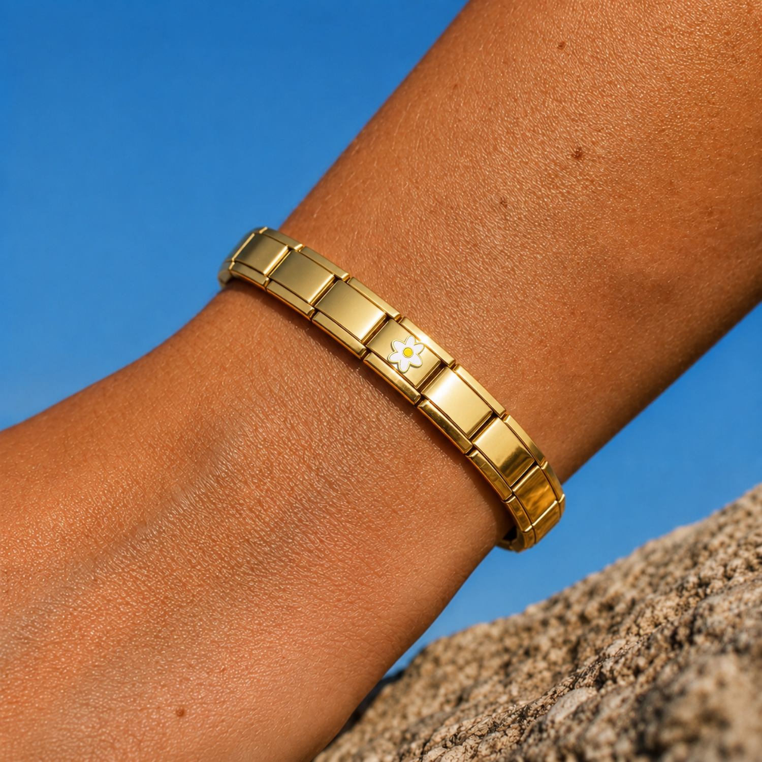 White Flower – gold Italian charm worn on an Italian charm bracelet