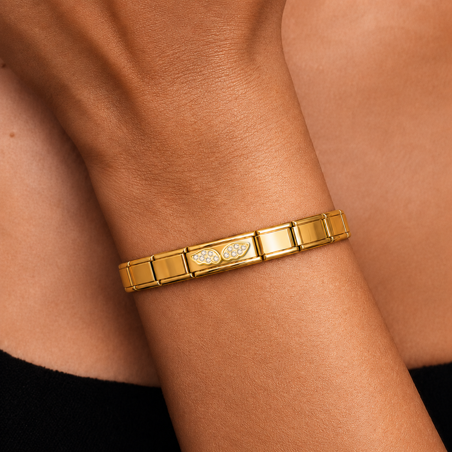 Wings with CZ – gold Italian bar charm worn on an Italian charm bracelet
