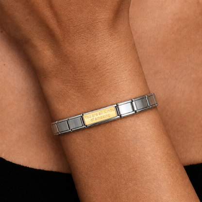 You are all kinds of amazing – silver Italian bar charm worn on an Italian charm bracelet
